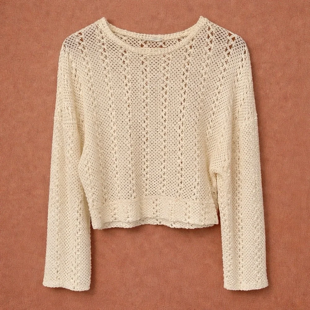 Zara Cream Open Knit Crochet Sweater | Cropped Boho Pullover - S